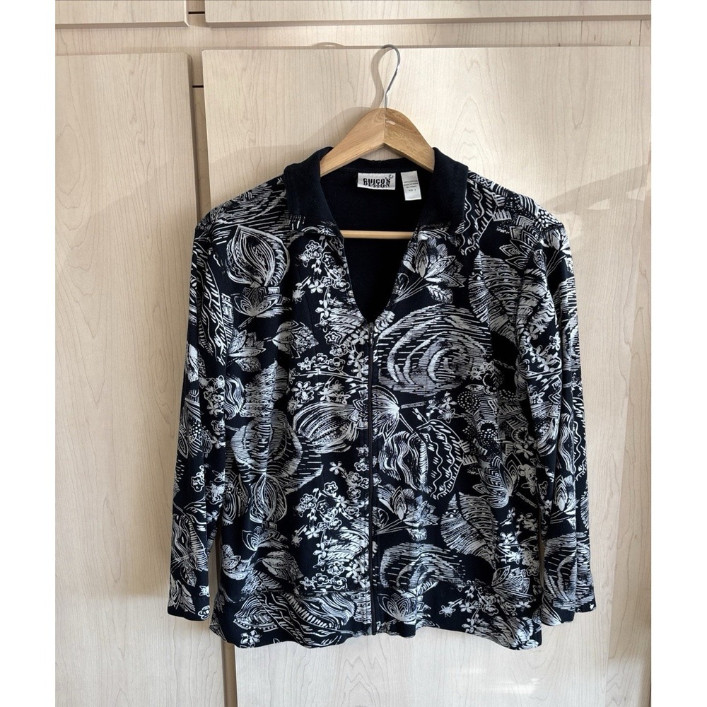 Chico's Design Women's Sz 1 Black‎ White Paisley Floral Full Zip Long Sleeve